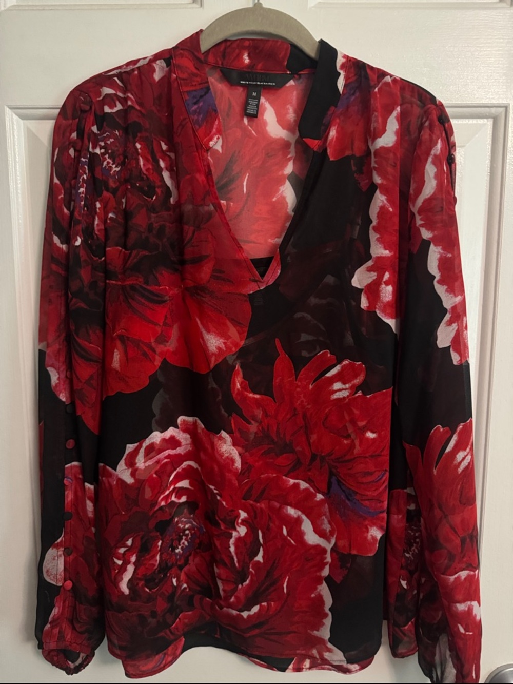White House Black Market Black Blouse with Bold Red Floral Print